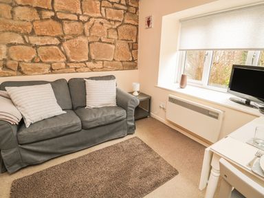 A sitting area with a gray sofa cushions side table lamp window and TV at Robin Cottage in Morpeth