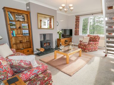 A living room with floral armchairs a wood stove bookcase and a television at Kirkstone Cottage in Outgate near Hawkshead