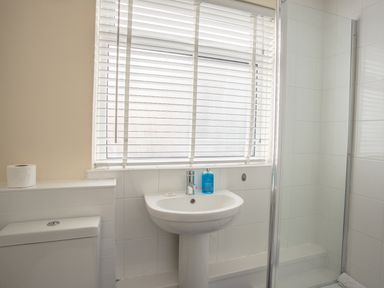 A bathroom with a toilet a pedestal sink with blue liquid soap and a glass shower enclosure at Wey Cottage in Weymouth