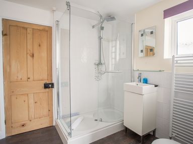A bathroom with a glass shower enclosure a small sink with a mirror above and a wooden door at Wey Cottage in Weymouth