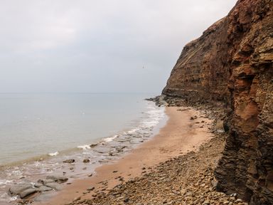 A rocky coastline with a steep cliff and sandy beach at Lady Bird Retreat in Skinningrove