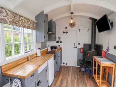 A kitchen with wooden countertops gray cabinets a wood burning stove and a wall mounted television at Lady Bird Retreat in Skinningrove