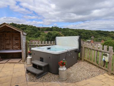 An outdoor hot tub with steps next to a wooden shed and fenced garden at Lady Bird Retreat in Skinningrove