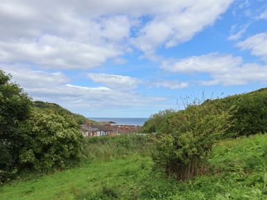 A grassy hill with bushes overlooking a small town and the sea at Lady Bird Retreat in Skinningrove