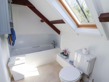 A bathroom with a bathtub toilet laundry basket and skylight window at The Coach House in Lowick near Holy Island