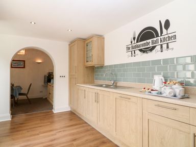 A kitchen with wood cabinets a sink a kettle and mugs on the counter and an archway leading to a dining area at Babbacombe Hall in Babbacombe