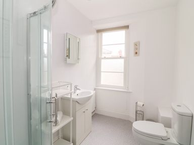 A bathroom with a shower enclosure sink cabinet mirror toilet and window at Babbacombe Hall in Babbacombe