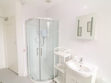A bathroom with a curved glass shower enclosure a white sink with faucet a three-tier shelf with a towel and soap dispenser and a mirror cabinet at Babbacombe Hall in Babbacombe