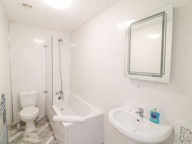 A bathroom with a toilet, bathtub with shower, sink with hand soap and a mirror at Babbacombe Hall in Babbacombe