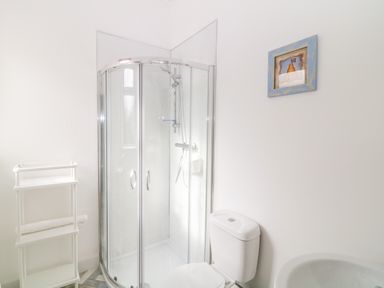 A bathroom with a corner shower enclosure a toilet a towel rack and a framed picture on the wall at Babbacombe Hall in Babbacombe