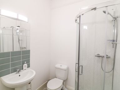 A bathroom with a sink mirror toilet and glass shower enclosure at Babbacombe Hall in Babbacombe