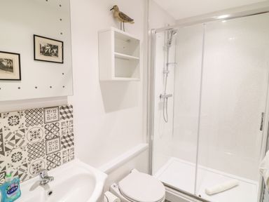 A bathroom with a sink a toilet a shower cubicle a wall cabinet and a decorative bird at Babbacombe Hall in Babbacombe