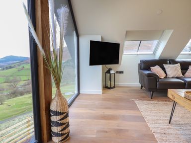 A living room with a large window vase with tall plants a wall-mounted tv a lantern a black leather sofa with cushions and a wooden coffee table at Tyn Llwyn Barn in Glyndyfrdwy near Llangollen