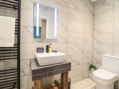 A bathroom with a toilet a sink with soap and a mirror on a tiled wall at Tyn Llwyn Barn in Glyndyfrdwy near Llangollen