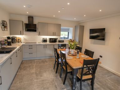 A kitchen with gray cabinets a wooden dining table with six chairs and a wall-mounted television at Tyn Llwyn Barn in Glyndyfrdwy near Llangollen