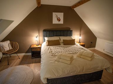 A bedroom with a bed two bedside tables lamps a chair and a round rug at Tyn Llwyn Barn Glyndyfrdwy near Llangollen
