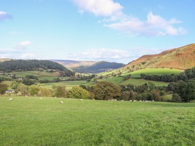 Green fields with grazing sheep and hills in the background at Tyn Llwyn Barn in Glyndyfrdwy near Llangollen