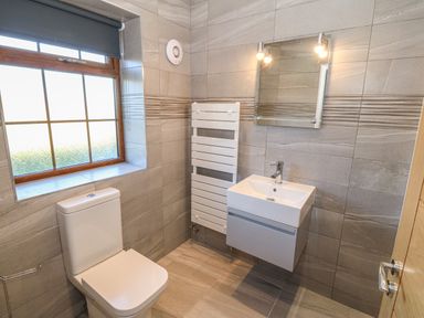 A bathroom with a toilet sink mirror and window at Afon Rhos Bach in Llanrug