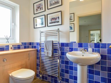 A bathroom with a toilet, sink, towel rail, blue tiled walls, and framed pictures at Duffield in St Ann's Chapel