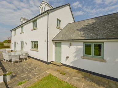 Outdoor patio area with a glass table and six chairs outside a white two-story house with green doors and windows at Duffield in St Ann's Chapel