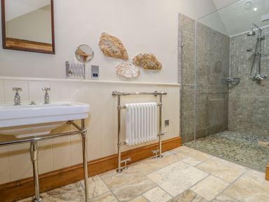 A bathroom with a sink a mirror a towel radiator and a walk in shower at Middle Farm Annex in Long Bredy