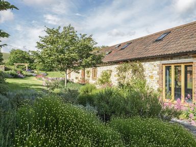A garden with various plants and a tree outside a stone building with a tiled roof at Middle Farm Annex in Long Bredy