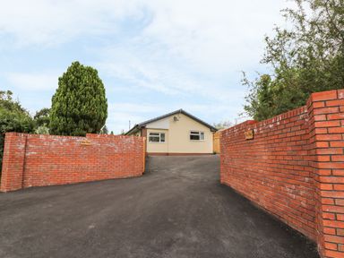 A driveway leading to a single-story house with brick walls and trees on both sides at New Peny in Llandrindod Wells
