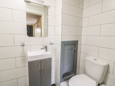 A bathroom with a sink cabinet mirror toilet and a small blue door at New Peny in Llandrindod Wells
