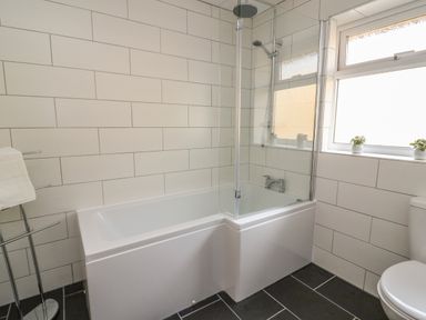 A bathroom with a bathtub and shower next to a frosted window with small potted plants at New Peny in Llandrindod Wells