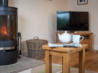 A living room with a wooden table holding a teapot cup and newspaper near a black stove basket and television at New Peny in Llandrindod Wells