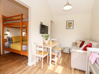 A small living area with a bunk bed sleeping nook dining table with chairs and a sofa at Bramble in Banham