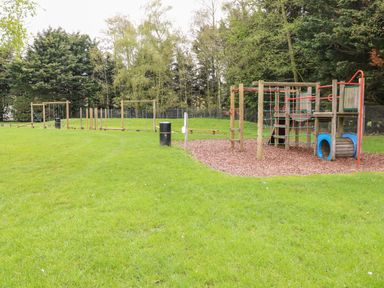 A playground with climbing structures and swings on grass surrounded by trees at Bramble in Banham