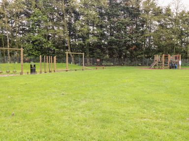A playground area with swings and climbing structures on grass with trees in the background at Bramble in Banham