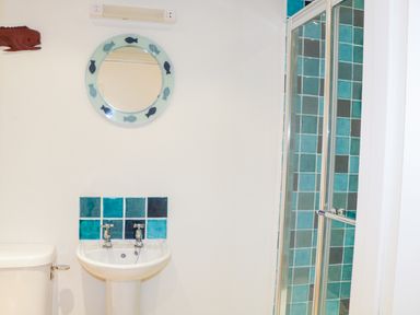 A bathroom with a toilet sink mirror and a shower with blue tiles at 1 Orchard Cottages Salcombe