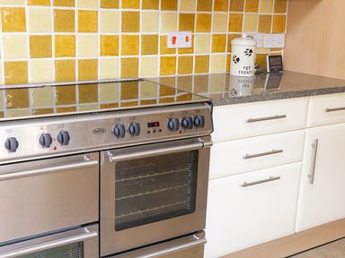 A kitchen counter with a stainless steel oven and stove with yellow tiled backsplash a white jar labeled pet treats and a digital timer on the countertop at 1 Orchard Cottages Salcombe