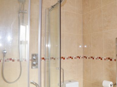 A bathroom with a glass shower enclosure a showerhead and tiled walls at 1 Orchard Cottages Salcombe