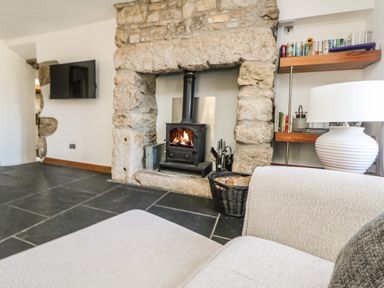A living room with a stone fireplace and wood burning stove a basket of logs a wall mounted TV shelves with books and a white lamp at Miner's Rest in Troon near Camborne
