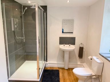 A bathroom with a glass-enclosed shower, a pedestal sink, a toilet, and a towel hanging beside the sink at Stiniog Lodge in Blaenau Ffestiniog