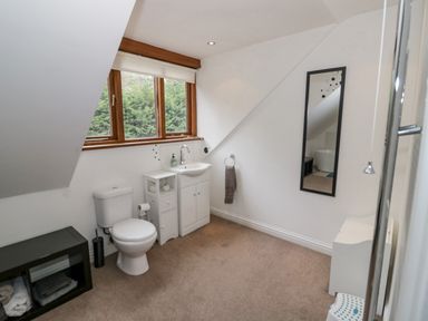 A bathroom with a toilet sink small cabinet towel rack and mirror at Shatterford Lakes in Shatterford