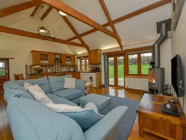 An open plan living room and kitchen with blue sofas a wood stove and wooden beams at Hook Cottage in Pelynt near Looe