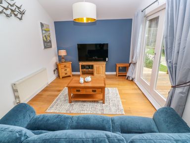 A living room with a blue sofa wooden furniture and glass doors at 1 Lake View in Lanreath