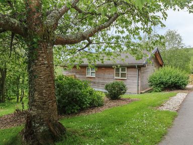 A wooden house surrounded by greenery and trees at 1 Lake View in Lanreath
