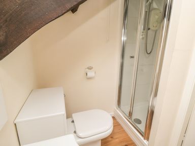 A small bathroom with a toilet and a shower cabin with sliding glass doors at Wren Cottage in Morpeth