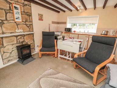 A small kitchen and dining area with two armchairs a stone wall with a heater and a window at Heron Cottage in Morpeth