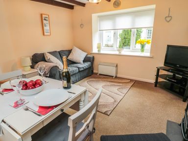 A living room with a gray sofa dining table set with plates glasses and a bottle a television on a stand and a window with flowers on the sill at Heron Cottage in Morpeth