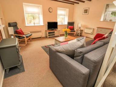 A living room with a gray sofa two armchairs a coffee table with flowers a television and a stove at Magpie Cottage in Morpeth