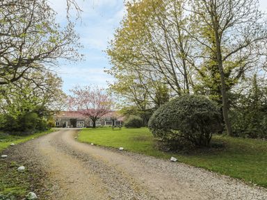 A gravel driveway leading to a house surrounded by trees and a lawn with a picnic table at Magpie Cottage in Morpeth