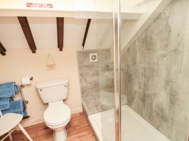 A bathroom with a toilet a towel rack with blue towels a shower with glass door and a small chair at Magpie Cottage in Morpeth