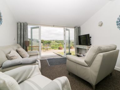 A living room with leather sofas a television and open glass doors leading to a patio with outdoor furniture at Owl Barn in Tavistock