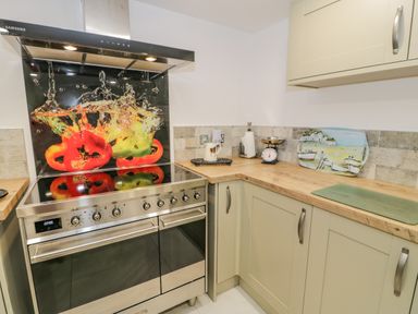 A kitchen corner with a stainless steel stove with a glass splashback featuring splashing peppers at Cae Lleci Llanfachreth near Dolgellau